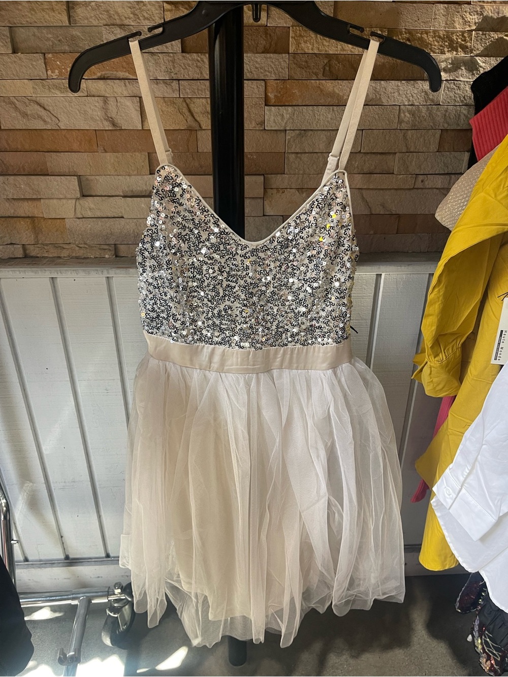 Haute Monde Ivory Tulle Mini Dress with Silver Sequin Bodice